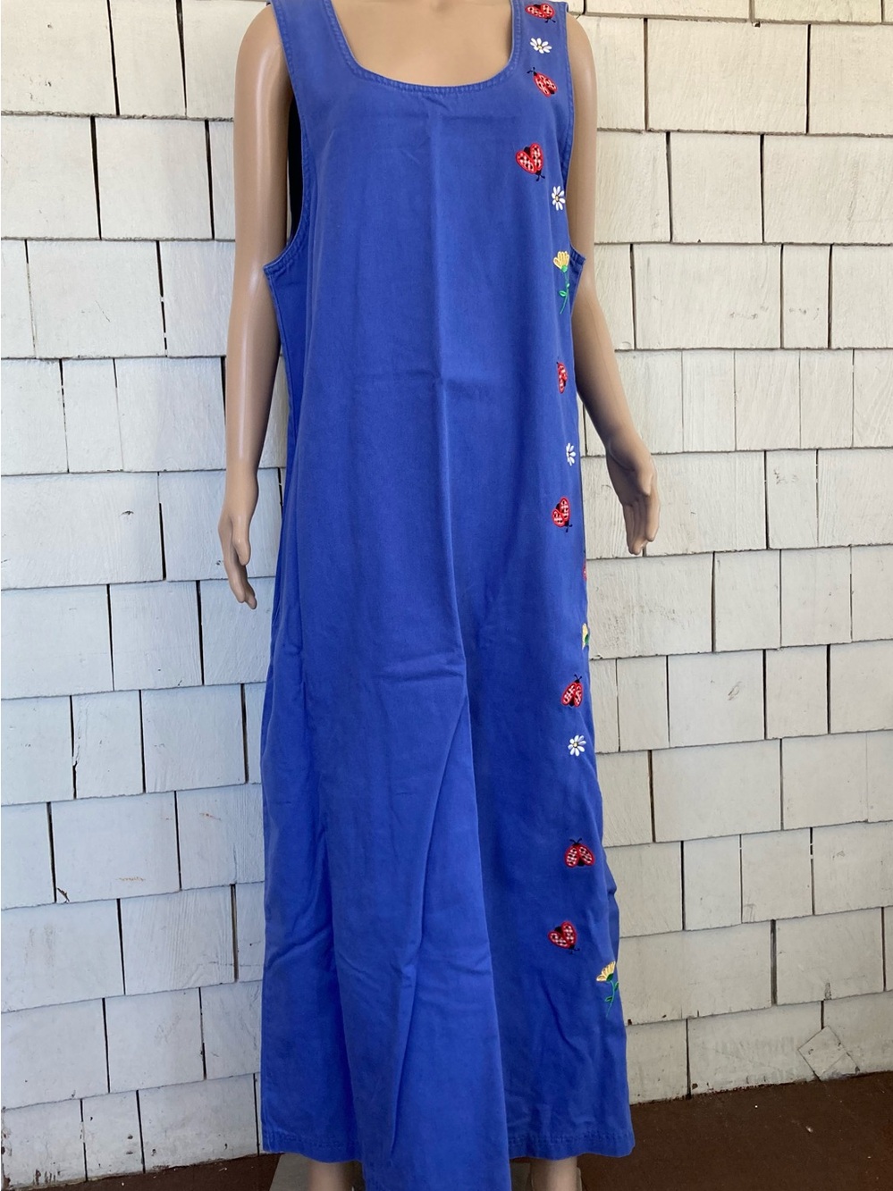 Vintage Boho Summer Maxi Dress with Embroidered Ladybugs and Flowers Size Large